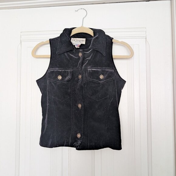 Lew Magram Vintage 90s Black Stretch Velvet Biker Vest Size S - Picture 2 of 8